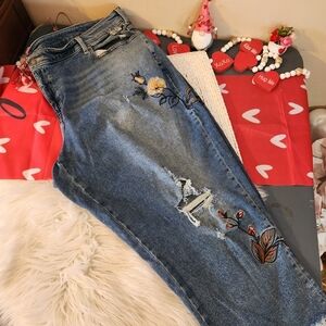 Lane Bryant Distressed Blue Jeans with Floral Embroidery